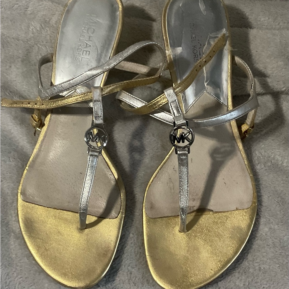 Michael Kors Metallic Gold and Silver T-Strap Sandals